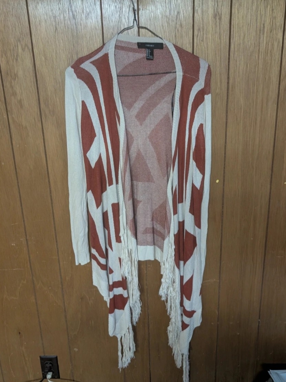 Forever 21 Cream and Rust Fringe Open-Front Knit Cardigan